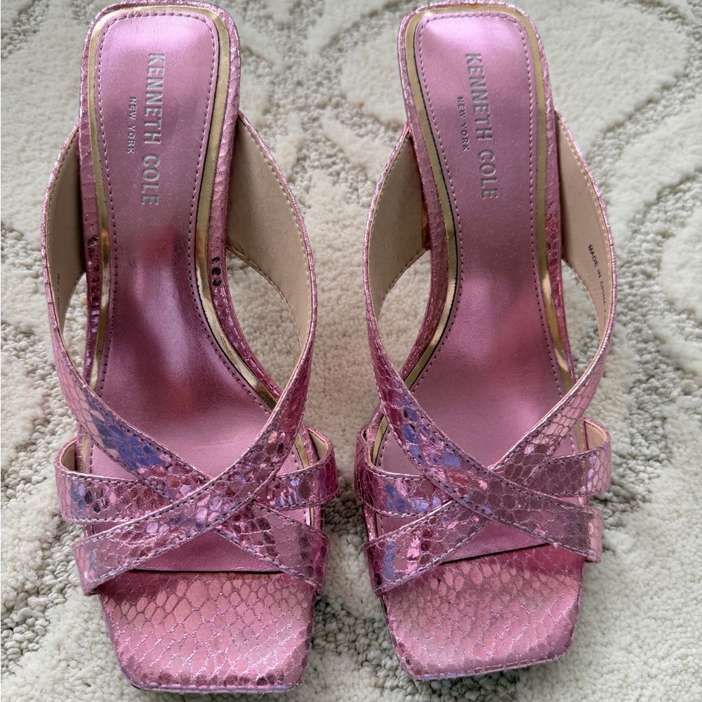 Kenneth Cole Pink Metallic Snake-Texture Slide Mules